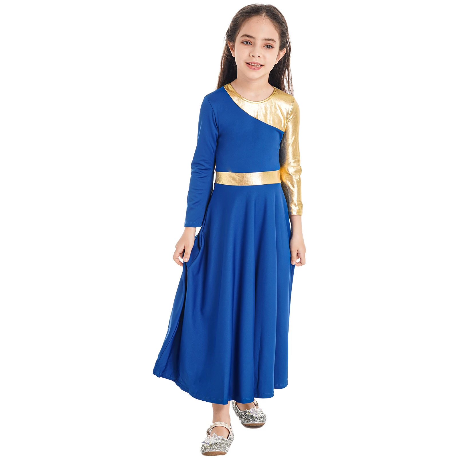 Kids Girls Metallic Liturgical Praise Dresses Christian Bell-bottom Dancewear Robe Church Worship Ballet Lyrical Dance Costume