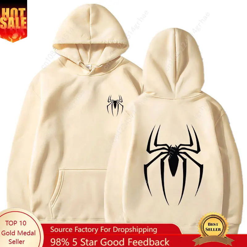 

Mens Y2K Spider Print Hooded Streetwear Retro Clothing Loose Hip Hop Quirky Punk Sweatshirt Fashion Couple Sports Sweater