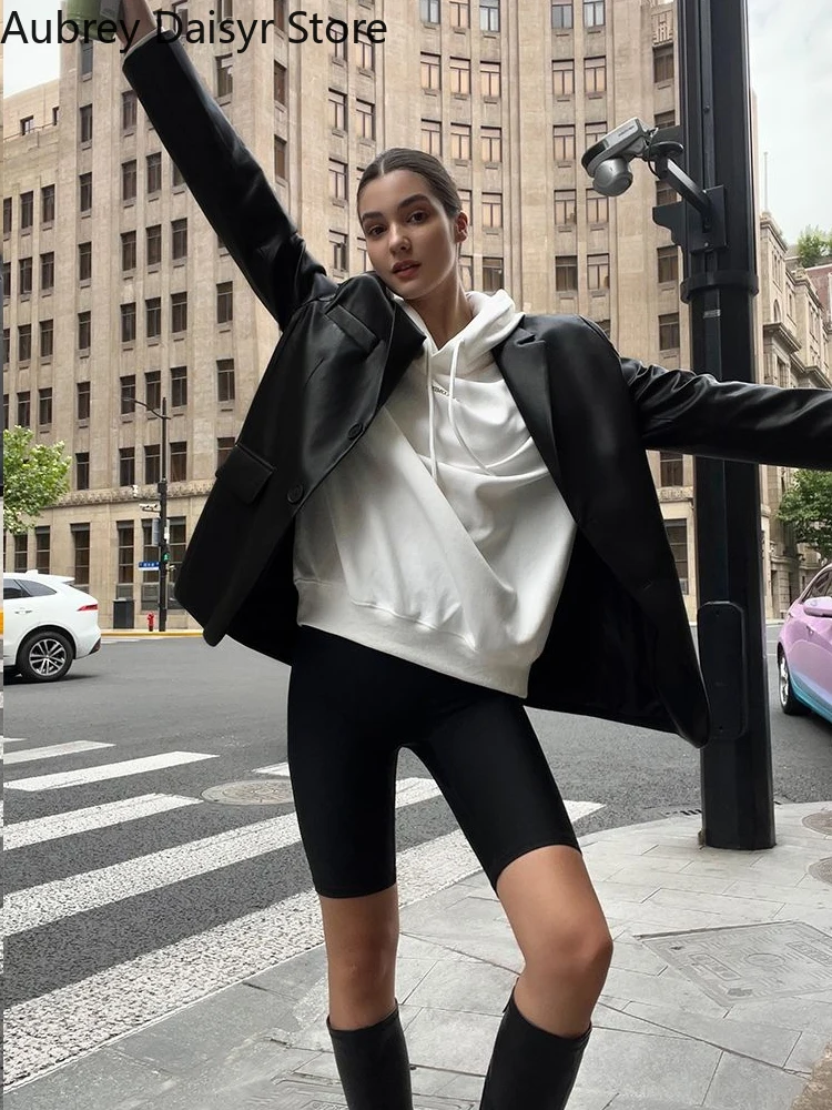 Chaqueta de cuero negro Punk Inglaterra para mujer, Blazer de un solo pecho, abrigo informal, suelto, cálido, de piel sintética, para oficina,