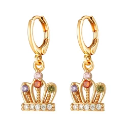 Luxury Queen Crown Drop Earrings Gold Color Crystal Zircon Dangle Earrings Metal Hoop Princess Wedding Jewelry Women Girl Gifts