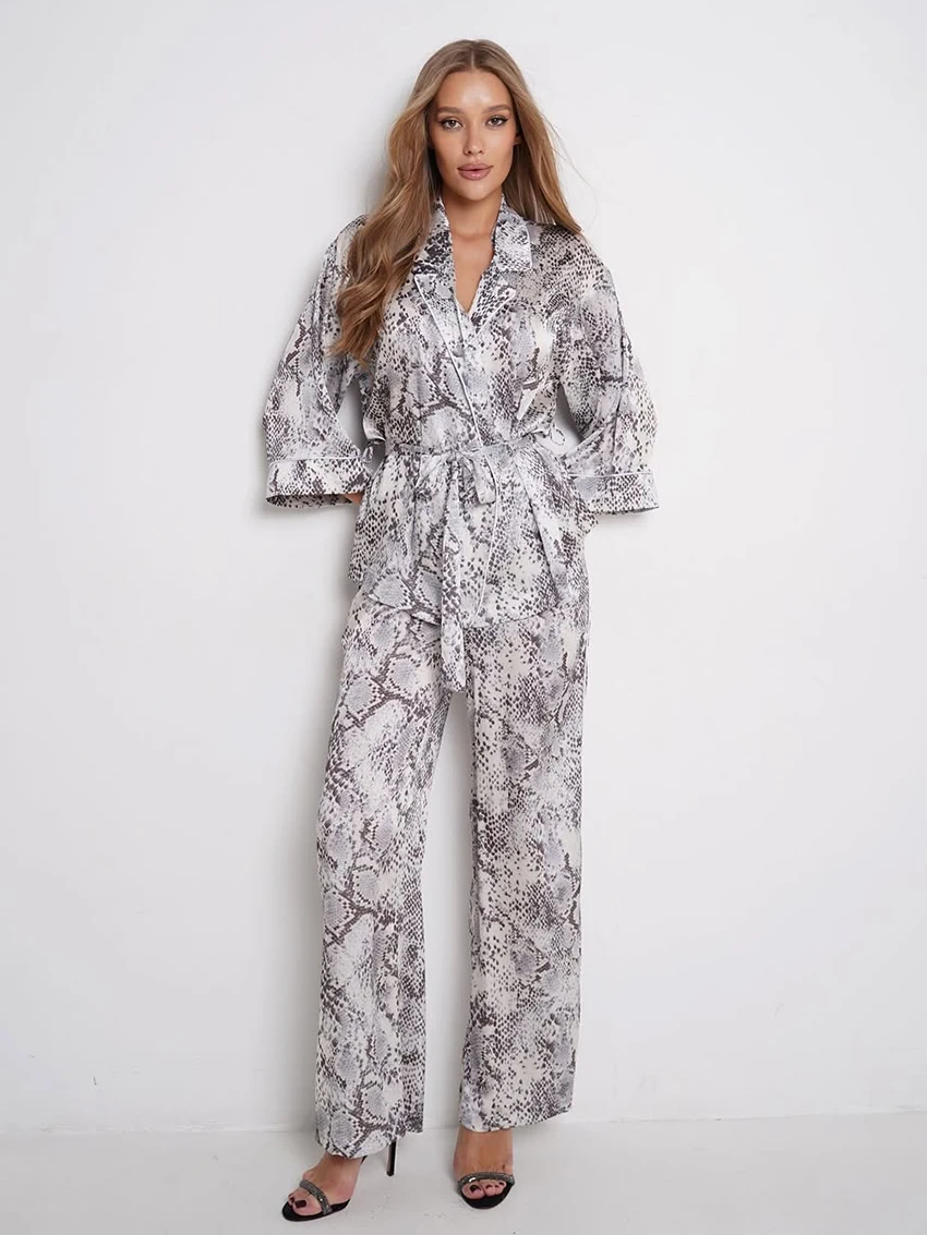 

Marthaqiqi Winter Ladies Pajama Set Long Sleeve Nightie Turn-Down Collar Sleepwear Lace Up Pyjamas Pants Printing Nightwear Suit