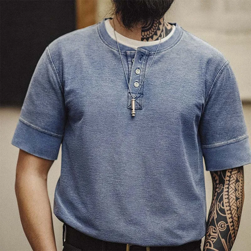 Maden Vintage Do Old Knit Henley Shirt Summer Men Short-sleeved T-shirt Casual Round Neck Tees Solid Color Plus Size T Shirts