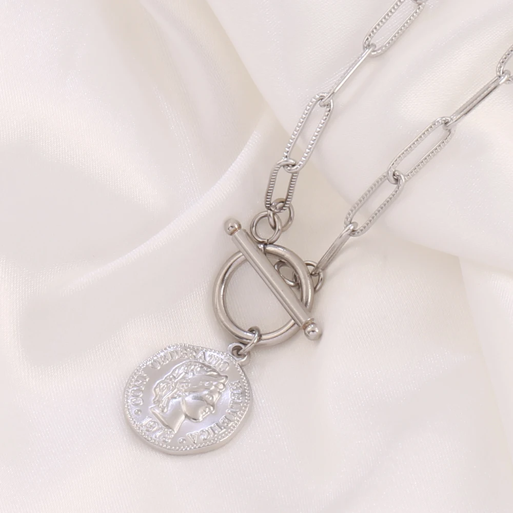 316L الفولاذ المقاوم للصدأ عملة قلادة قلادة للنساء فاسق الذهب اللون جولة سحر سلسلة القلائد مجوهرات