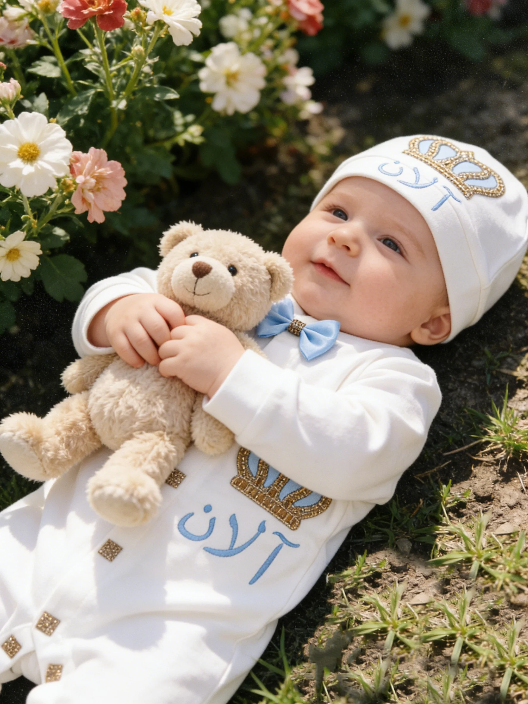 Custom Name Crown Baby Boy Outfit Set Newborn Footed Romper with Hat Mittens Luxury Blue Bow Baby Shower Gift