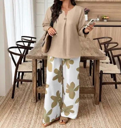 بانت مجموعات بلون الخامس الرقبة طويلة الأكمام فضفاضة تي شيرت أعلى عالية الخصر مستقيم الساق السراويل مجموعة المرأة أنيقة عارضة بانت مجموعات #1