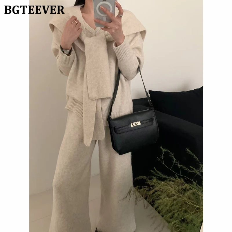 BGTEEVER Autumn Winter Casual Warm Ladies 3 Pieces Sweater Set Long Sleeve V-neck Pullovers & Knitted Shawls & Wide Leg Trousers