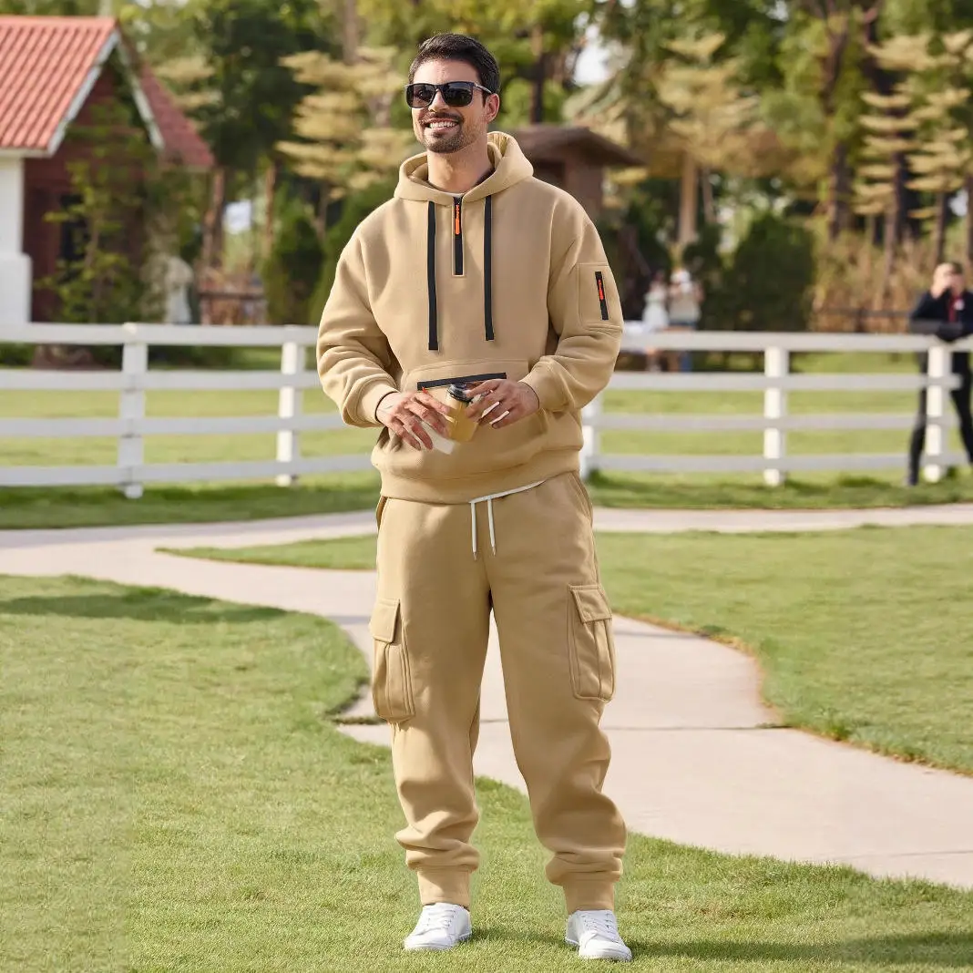 

Men's Winter Clothing Set Fleece Lined Hoodie Multi Pocket Workwear Pants Two Piece Long Trousers Cross Border Fashion