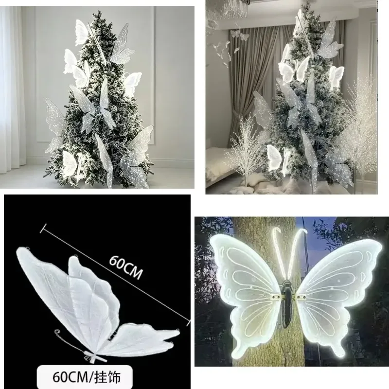 Wholesale pre-decorated velvet Christmas tree with LED lights and butterfly decorations for holiday display in villa shop