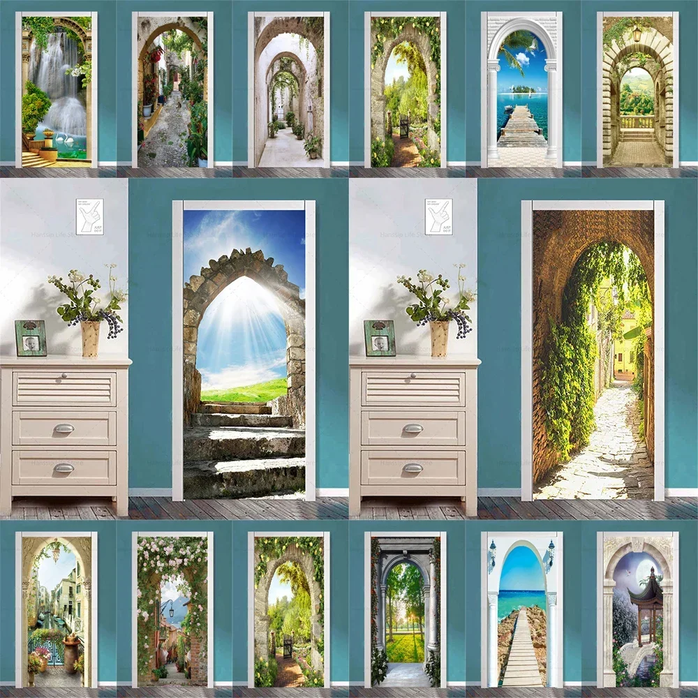 

Imitation Arch Door View Scenery Door Sticker Wallpaper Removable Home Decoration Green Plants Vine Archway Door Wrap Poster