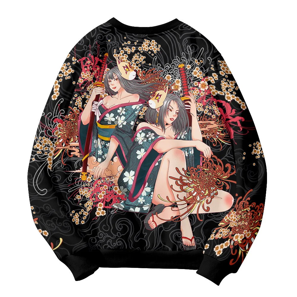 

Spring Autumn Vintage Long Sleeve Pullovers Clothes Men Casual Loose O-neck Japanese Style Flower And Beauty Print Sweatshirt