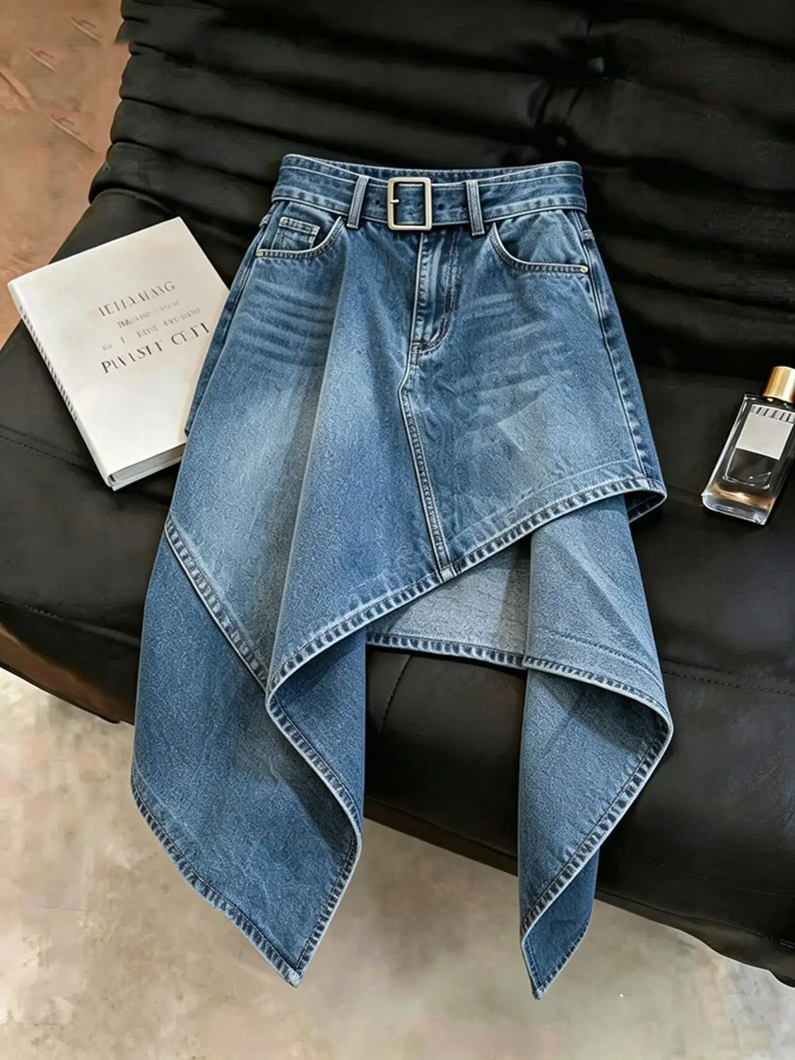 2026 New Blue Washed Denim Irregular Skirt Women