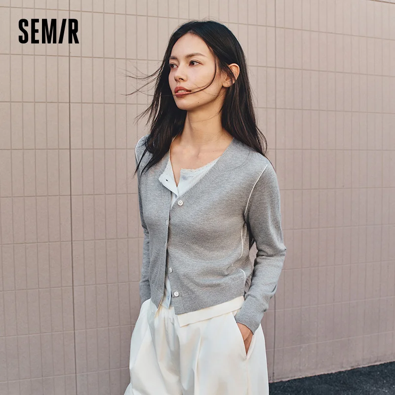 Semir Women Cardigan Cropped V Neck Colorblock Mock Layer Shoulder Fit 2026 Autumn Minimal Knitted Everyday Sweater Top