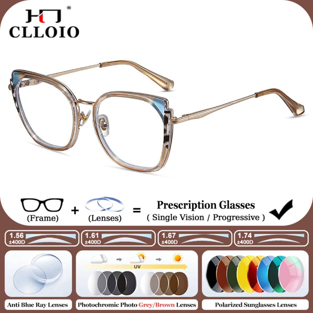 

CLLOIO Fashion Geometric Cat Eye Prescription Glasses For Women Anti Blue Light Photochromic Myopia Eyewear Progressive Glasses