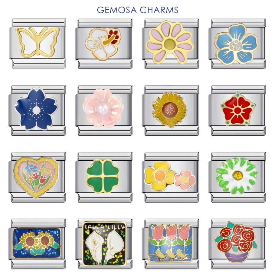 GEMOSA New Fashion Y2k Women Color Glaze Rose Flower Clover Charm Links Fit 9mm Stainless Steel Bracelet DIY Making Jewelry