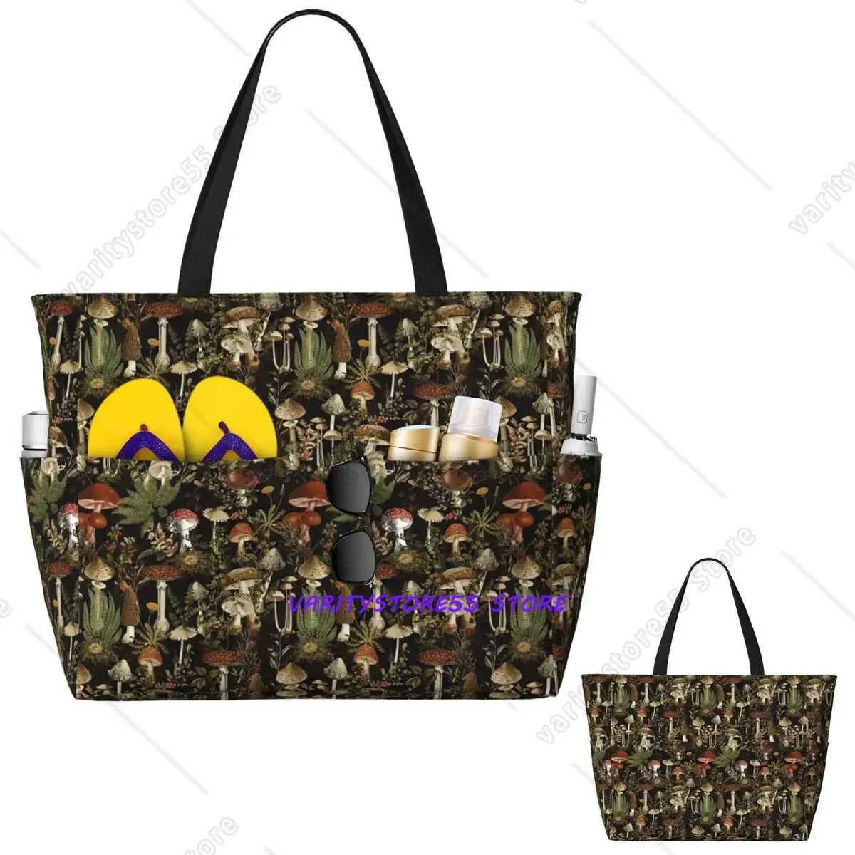 Midnight Mushrooms Forest Botanical Night Garden Beach Tote Bag Sport Gym Yoga Large Tote Bag Women Travel Fitness
