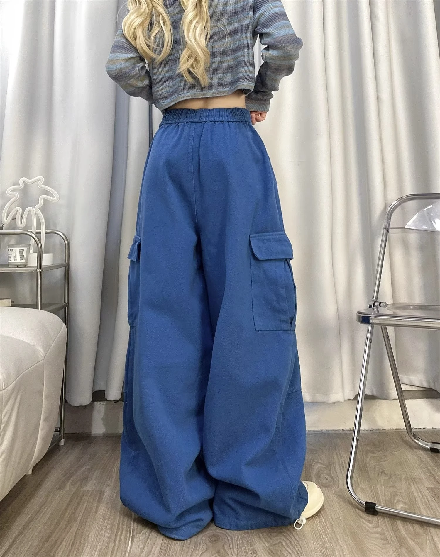 Cargo Pants Women Solid Color Japanese Loose Thin Straight Wide-leg High Waist Trousers High Street Basics Casual Pants Female