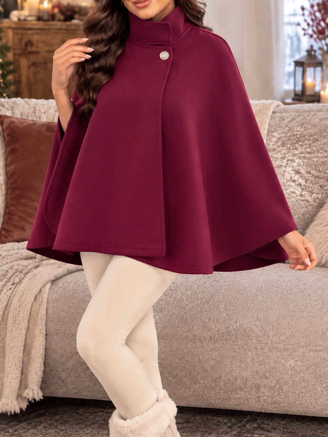 Women's Autumn and Winter Solid Color Elegant Cape with Gold Buttons and Belt Design