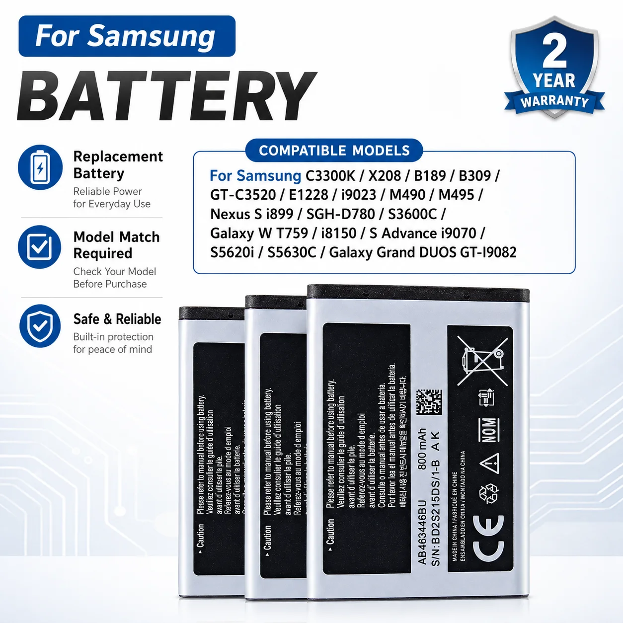 New High Capacity AB463446BU EB484659V Battery for Samsung C3300K i9023 Nexus S i899 SGH-D780 S3600C W T759 i9070 Grand DUOS