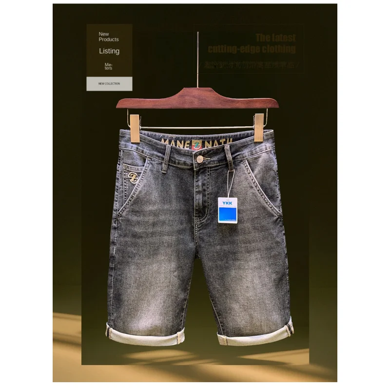 

Summer elastic casual shorts for men, flowing wash retro high-end embroidered straight leg denim five quarter pants