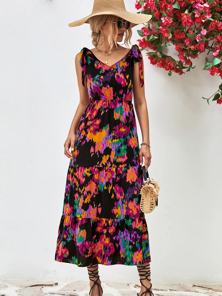 

Sexy V Neck Spaghetti Strap Dress Office Lady Spring Summer Fashion Elegant Floral Print Sleeveless Dresses For Women 2023 Black