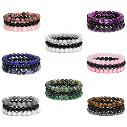 Hot 3Pcs/set Natural Stone Beaded Bracelet 8mm White Turquois Rose Quartzs Amethysts Black Onyx Beads Bracelet Set For Women Men