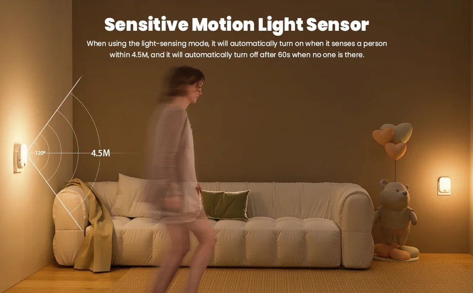 2pcs Night Light Socket with Motion Sensor, Night Light 3-Level Brightness Adjustment (On/Auto/Off), 2700K Warm White Night