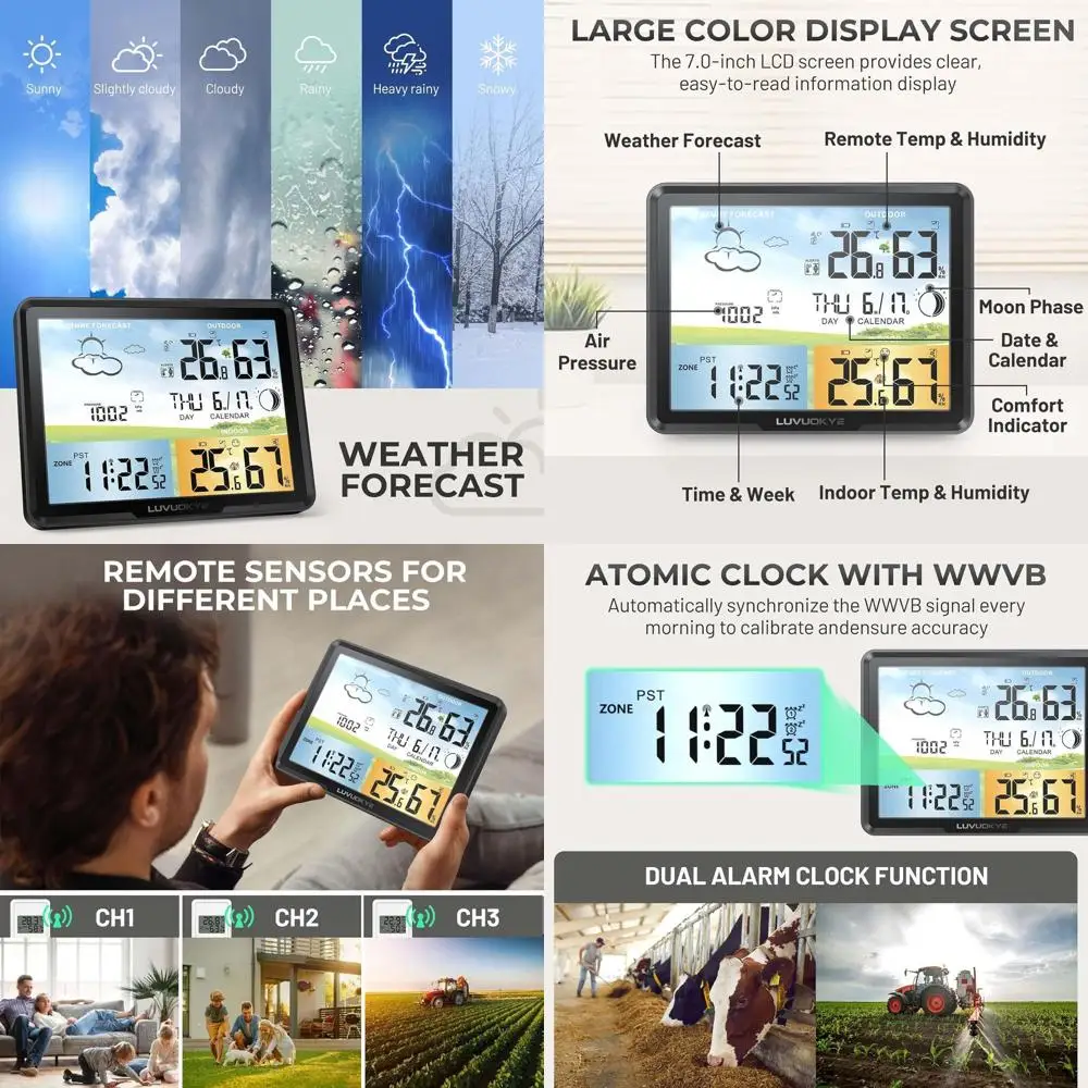 

Беспроводной цифровой термометр с дистанционным датчиком, метеостанцией с цветным дисплеем, атомными часами, барометром, прогнозом - черный струйный