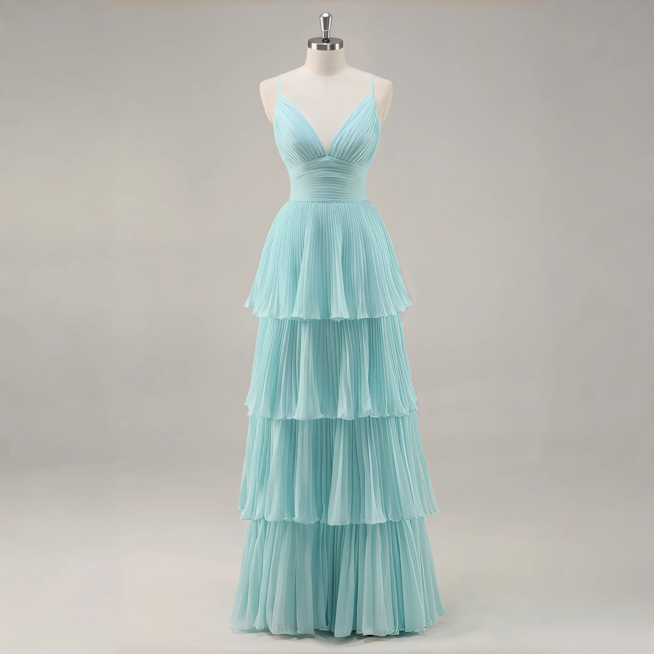 Mint Green Spaghetti Strap V Neck Chiffon Tiered Maxi Dress Ruched Bodice Criss Cross Back Bridesmaid Formal Evening Party Gown