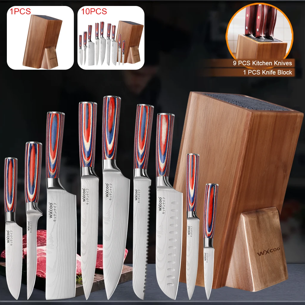 

WXCOO Kitchen Universal Knife Holder Acacia Wood Kitchen Holder Stand Stainless Steel Kitchen Knife Set Meat Cleaver Cooking