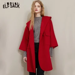 ELFSACK Red Warm Wool Coats Women Winter Mid-length Outwears