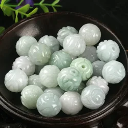 3PC Natural Jade Emerald Lotus Carved Beads 13mm DIY Accessories Bangle Charm Jewellery Fashion Hand-Carved Luck Amulet