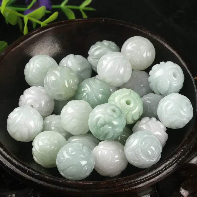 3PC Natural Jade Emerald Lotus Carved Beads 13mm DIY Accessories Bangle Charm Jewellery Fashion  Hand-Carved  Luck Amulet