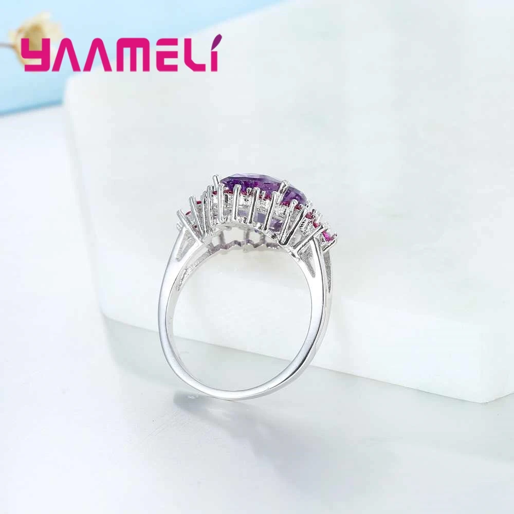 Luxury Fashion Purple Flower Crystal Stone Ring Party Engagement Wedding Ceremony Jewelry For Women 925 Sterling Silver