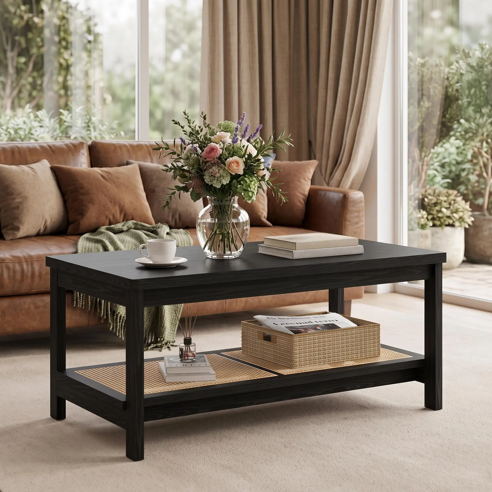 Coffee Table for Living Room 2 Tier Rectangular Rattan Center Table with Storage Shelf Round Corner Easy Assembly Small Space