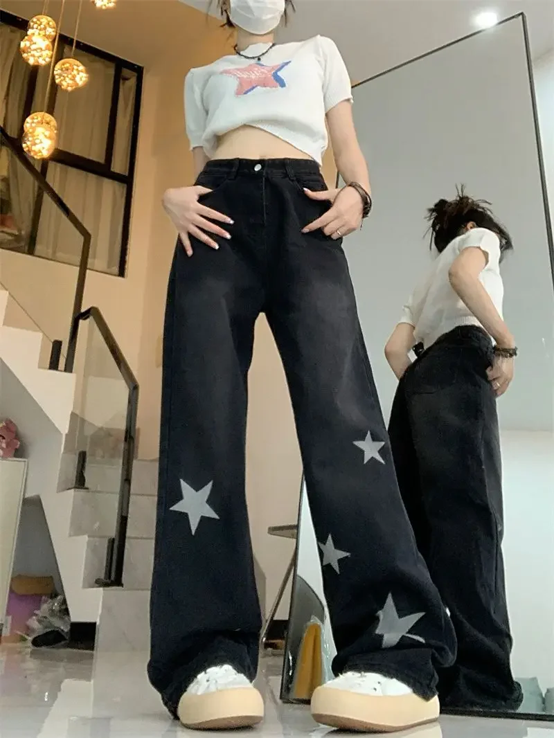 American Retro Star Print Jeans Women High Waist Slim Straight Wide Leg Trousers Button Zipper Pockets Trendy Loose Casual Pants