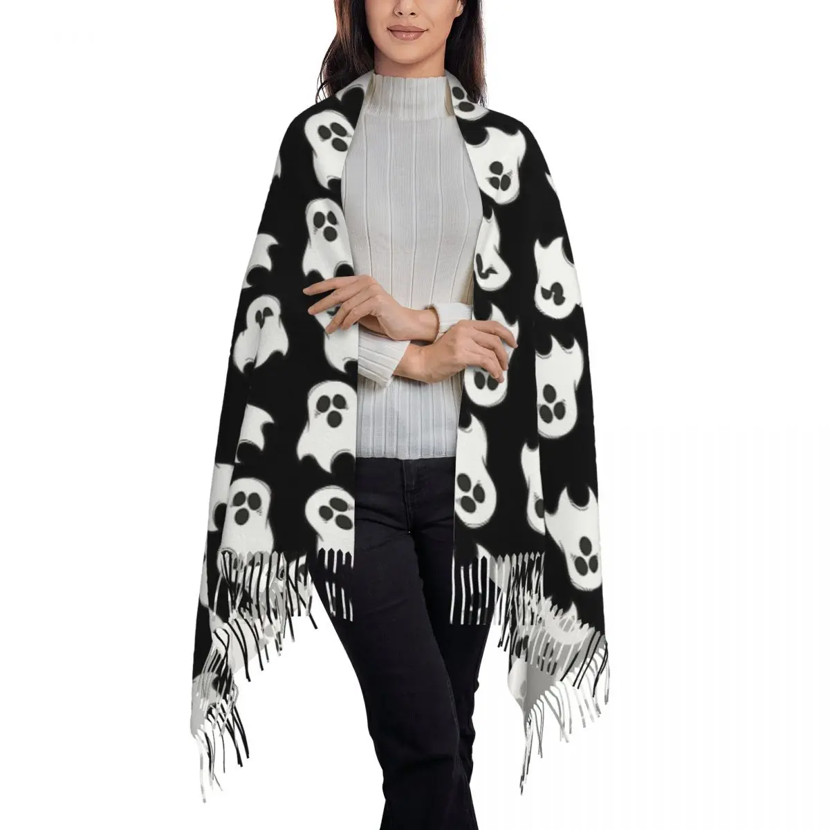 Spooky Ghost Halloween Cartoon Pattern Scarf Tassel Scarves Women Soft Warm Shawls and Wraps Long Fall Winter Shawl Wrap