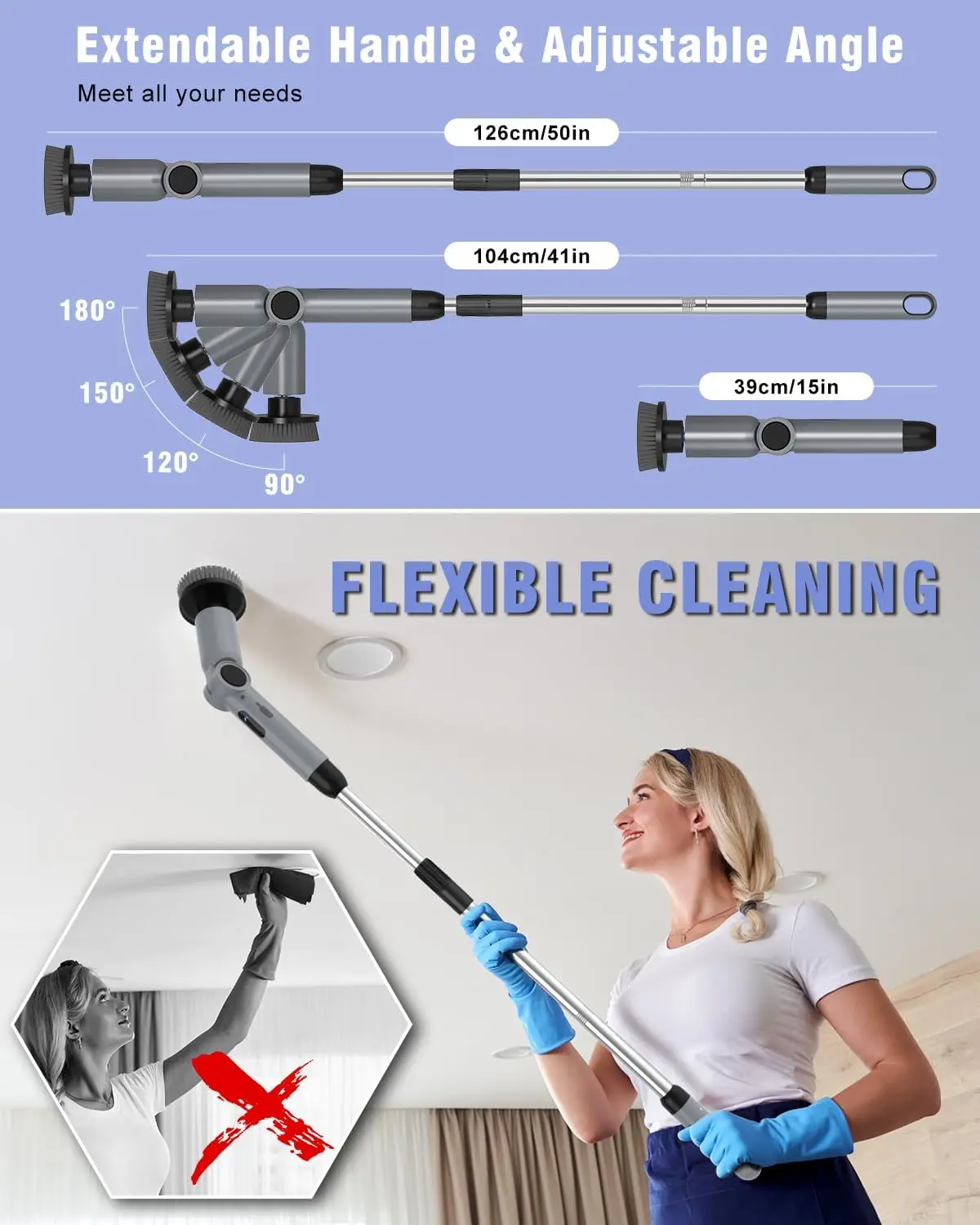 منظف دوار كهربائي، مقاوم للماء IPX7، عزم دوران 50 كجم، 9 رؤوس فرشاة، سرعتان، 4 زوايا، لبلاط أرضية الحمام (رمادي) #2