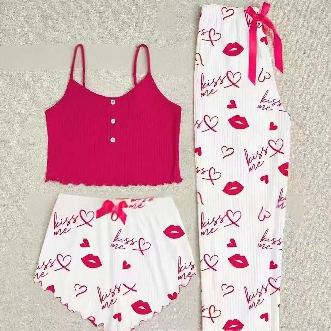 3 Pieces New Pajamas Set Women Sleepwear Casual Heart-Shaped Printed Vest and Shorts and Pants Sets Homewear Pijamas