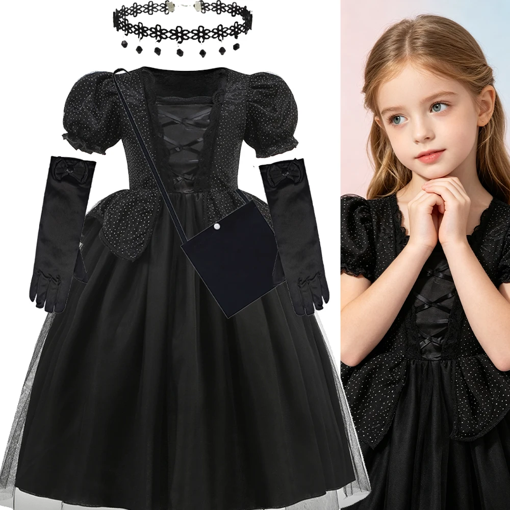 Black Witch Gown Dress for Girls Kids Halloween Fancy Role Playing Costume Carnival Party Stage Performance Dress Up