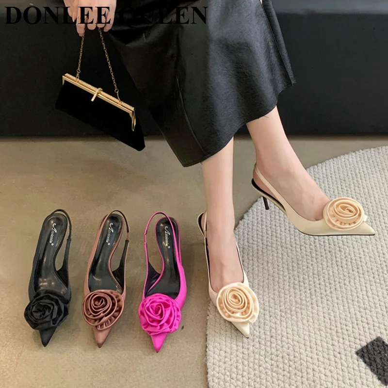 Fashion Brand Flower Slingbacks Sandals Women Thin High Heels Pointed Toe Mules Shoes Wedding Bridal Ladies  Elegant Dress Shoes