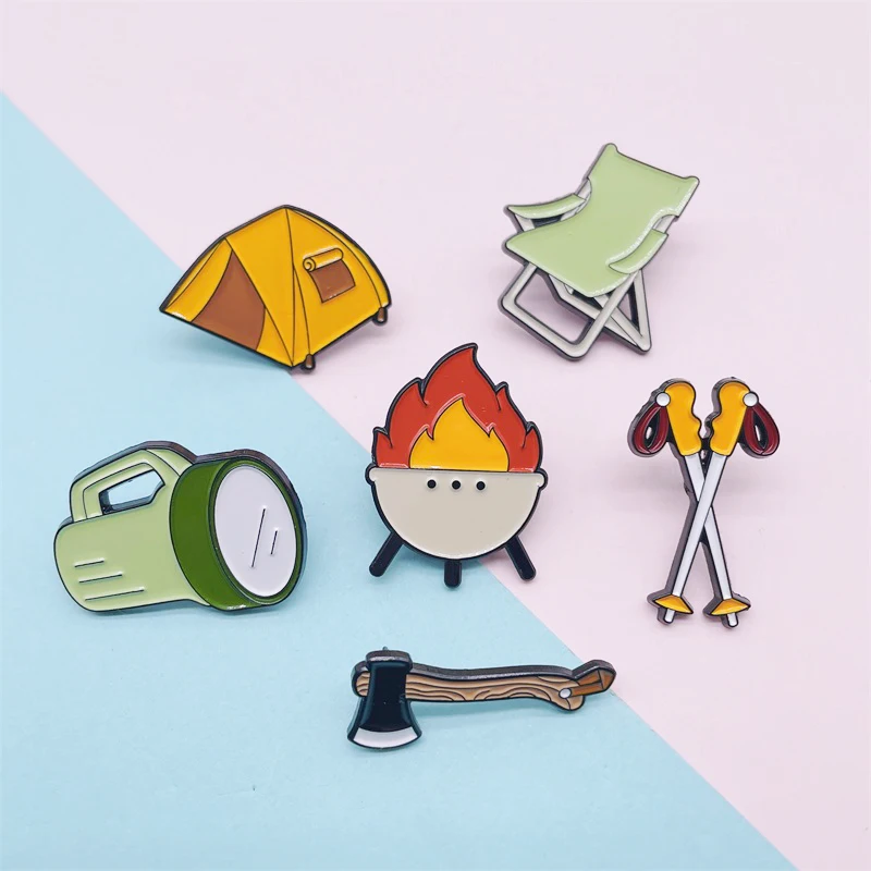 Creative Outdoor Camping Climbing Equipment Enamel Pins Bonfire Axe Tent Chair Alloy Brooch Badge Personality Jewelry Gift