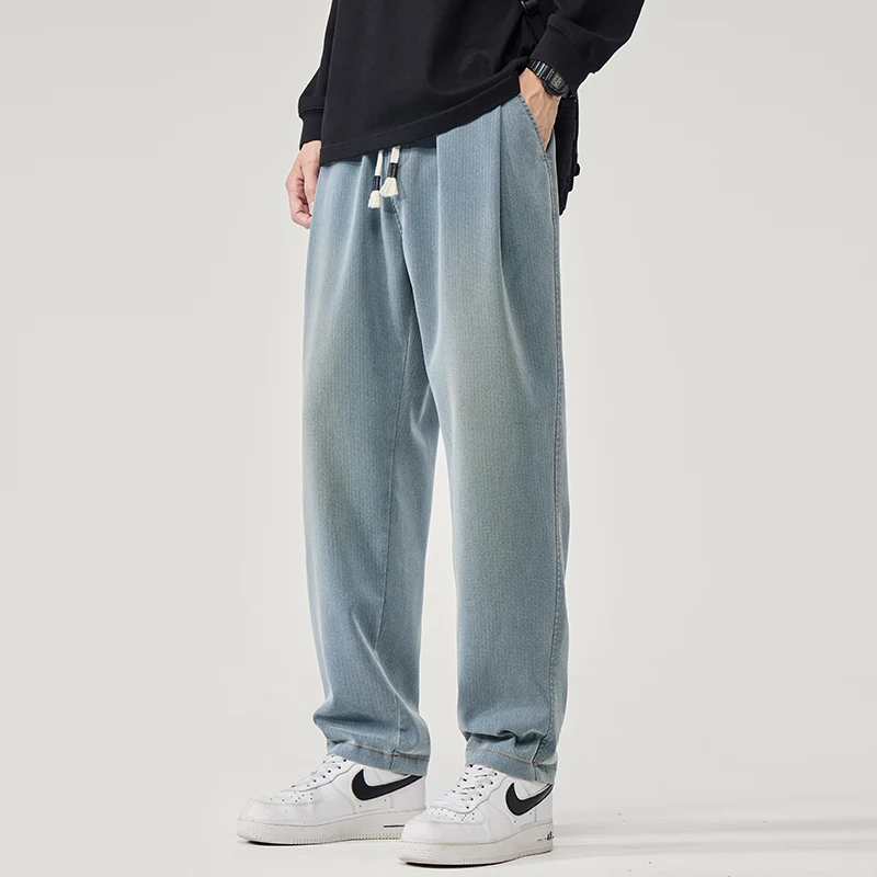 

2026, весенне-осенние новые повседневные удобные драпированные джинсы из лиоцелла для мужчин, одежда, мужские брюки на шнурке в форме ленты