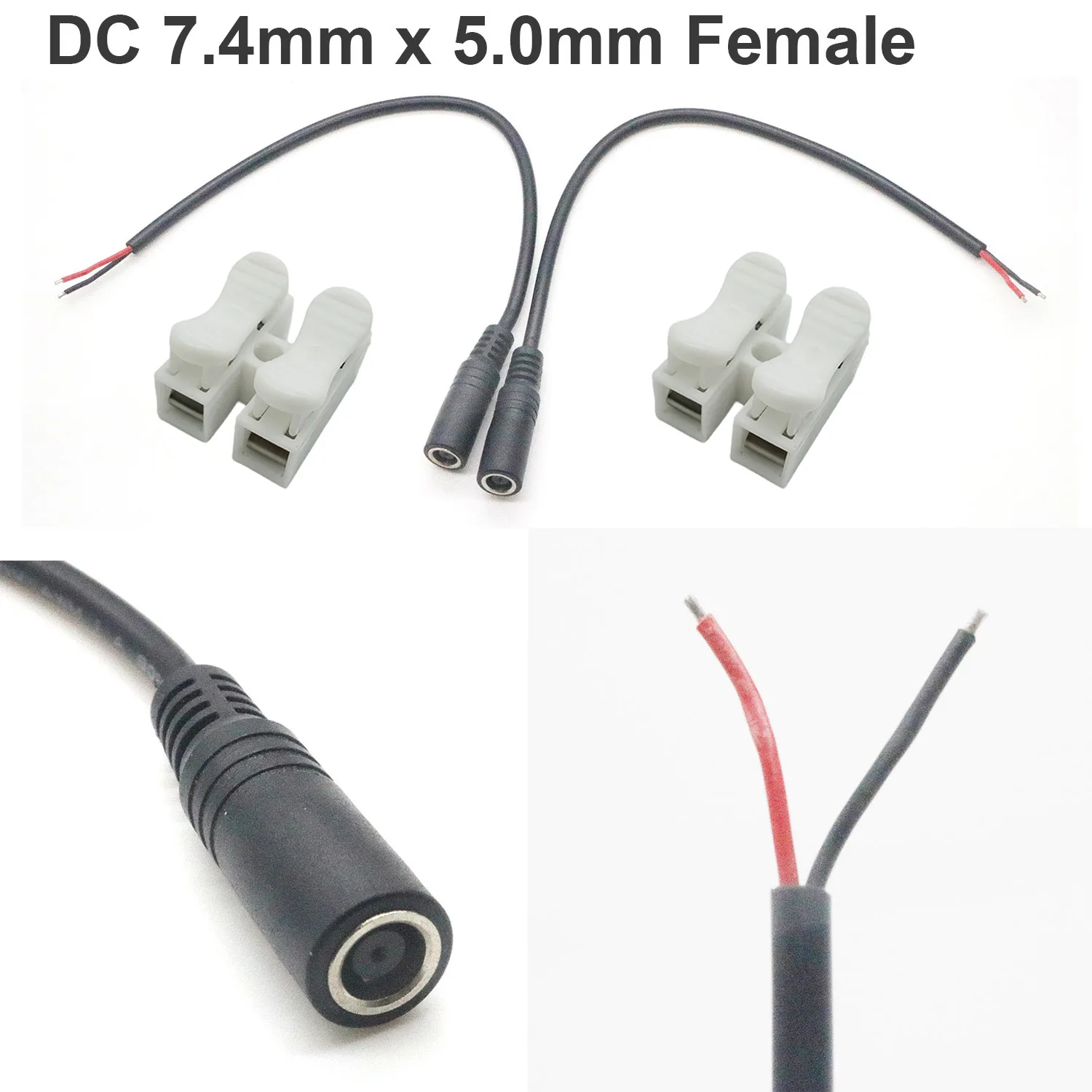 

2pcs CCTV Camera DC Power Jack Adapter Cable 7.4mm x 5.0mm Female Socket to 18AWG Tinned Bare Wire Solar Panel Replacement Cord