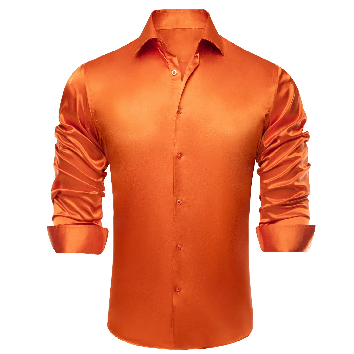 Hi-Tie Men\'s Long Sleeve Orange Green Plain Satin Silk Dress Shirts Casual Formal Blouse Shirt Luxury Designer Men Clothing