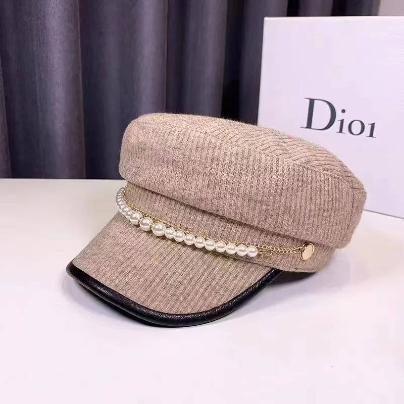 Autumn Winter Pearl Chain Flat Top Navy Hat Fashion Beret Newsboy Caps Berret Woman Octagonal Hats Women\'s Designer Apparel