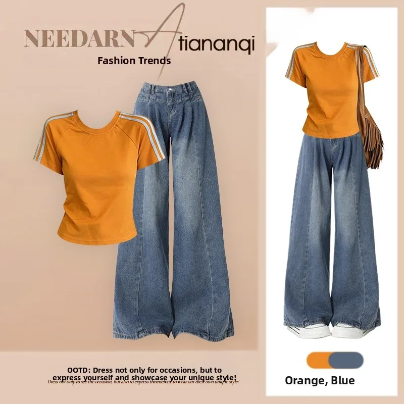 Slimming Stripe Short Sleeve Summer 2026 Fashionable Top And High Waist Denim Pants Two Piece Set Cover up Meat Casual Wear