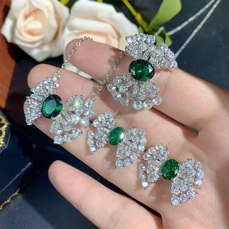 Bow Shape Green Cubic Zirconia Jewelry Set Silver Plated Necklace Earring Ring 3Pcs Women Daily Commute Luxury Jewelry