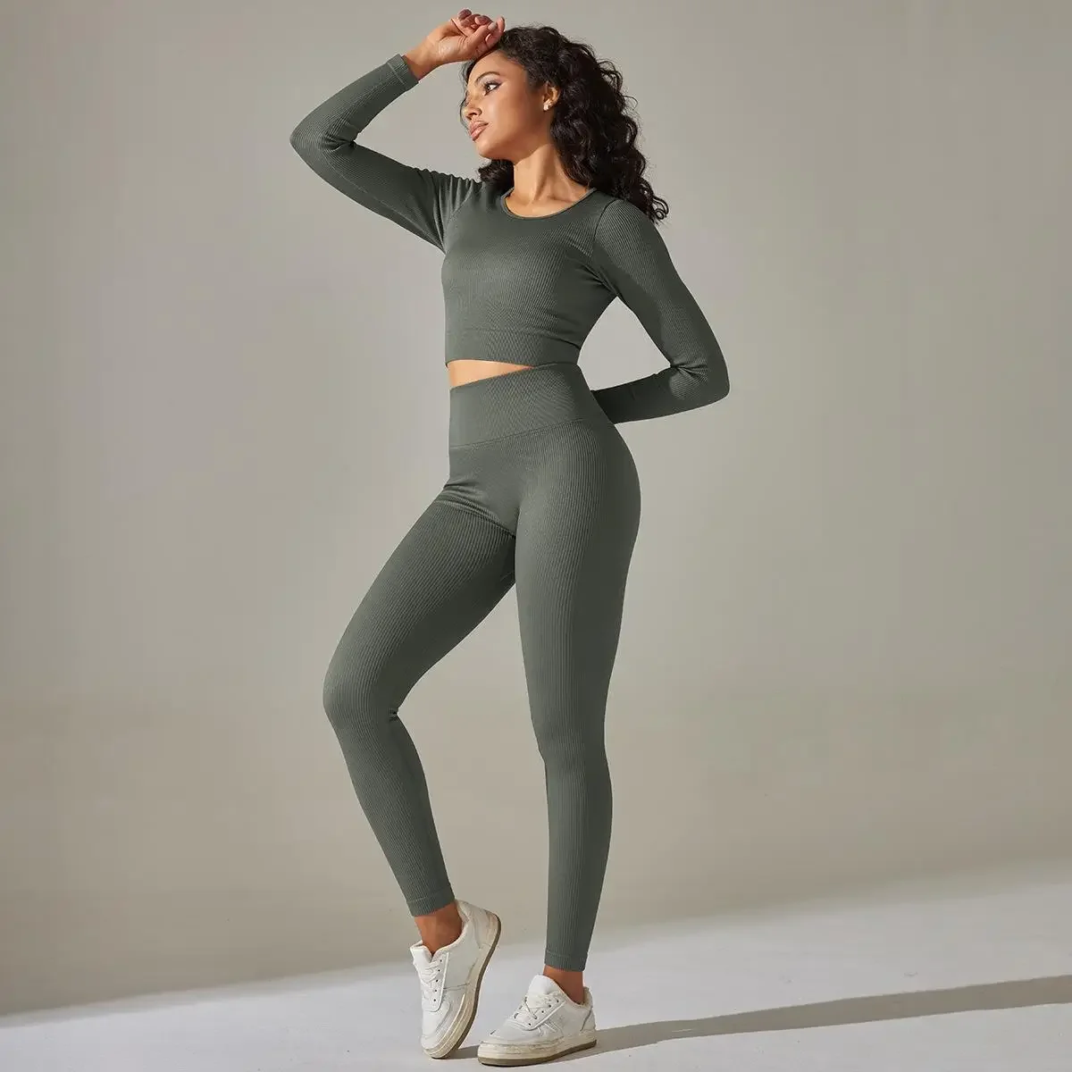 Long Sleeve Top Seamless Leggings Tights Ribbed Suit Yoga Set Women Gym Sport Fitnes Workout Training Set Women Yoga Clothing