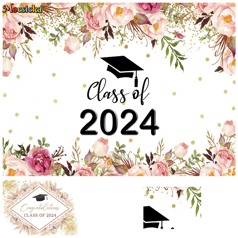 

Mocsicka Graduation Party Photography Background Class Of 2024 New Year Party Decor Flower Bachelor Hat Photo Banner Studio