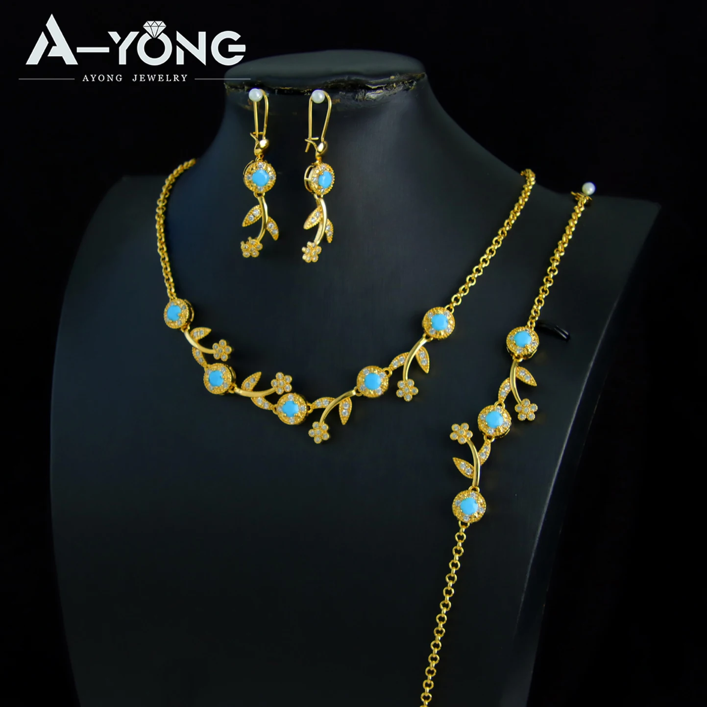 Trendy Dubai Gold Plated Jewelry Set 21k Gold Color Italian Turquoise Necklace Bracelet Earrings Oman Women Event Jewelrys